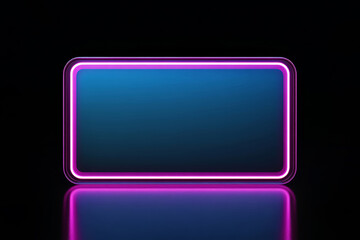 Rectangular glowing pink neon horizontal picture frame with rounded corners on a dark background. 3d illustration rendering. Empty copy space in the middle, mockup. 