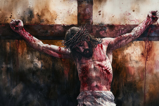Jesus on the cross, with a profound expression of love and sacrifice, surrounded by darkness and light. The watercolor uses deep reds, browns, and blacks to evoke the suffering and divine purpose of