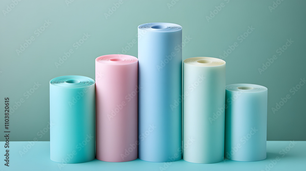 Poster five pastel-colored rolls of material stand in a row against a teal background, creating a visually 
