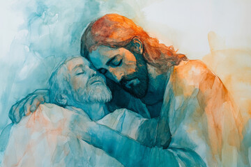 Jesus embracing a sick person, healing them with a warm, glowing touch. The watercolor uses soft blues and pale oranges to convey comfort, healing, and divine compassion.