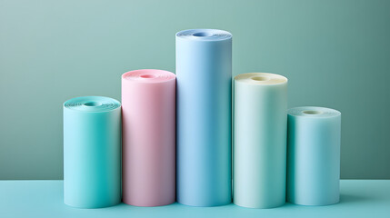 Five pastel-colored rolls of material stand in a row against a teal background, creating a visually appealing and minimalist arrangement. The colors are soft and pleasing to the eye.