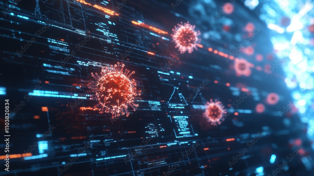 Poster abstract representation of digital virus model surrounded by data networks showcasing futuristic tec