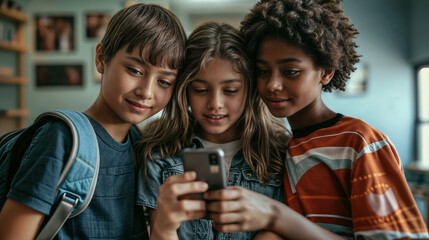 Diverse group of preteen friends sharing smartphone content together, multicultural children watching social media on mobile phone in casual setting
