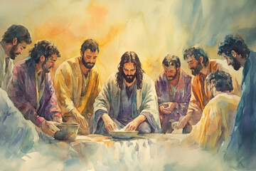 A tender watercolor illustration of Jesus washing the feet of His disciples during Maundy Thursday, with gentle strokes capturing His humility, the warm glow of the scene, and the reverence on the
