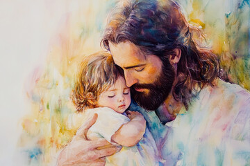 A beautiful watercolor scene of Jesus Christ lovingly holding a small child in His arms, His gaze filled with tenderness and compassion. The scene is filled with soft, glowing light, creating an