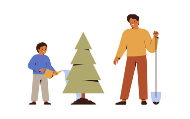 Fototapeta premium Father and son planting young fir in the ground. Man and small boy watering festive tree after Christmas outside together. Reuse xmas tree and reforest conservation concept. Vector illustration