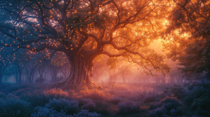 Fototapeta premium Magical Ancient Oak Tree in Enchanted Forest at Sunrise with Golden Light, Purple Mist and Glowing Fireflies, Wildflowers Blooming in Mystical Woodland Landscape