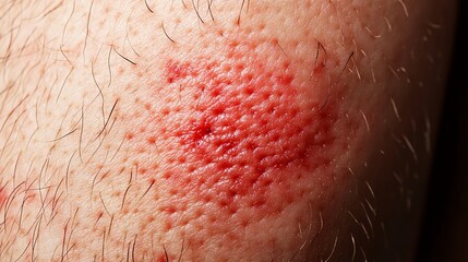 Fototapeta premium Close-up of a skin condition with redness and irritation on a leg.