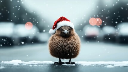A cute kiwi bird wearing a Santa hat standing in a snowy environment with falling snowflakes and blurred lights in the background, creating a festive and wintry atmosphere.
