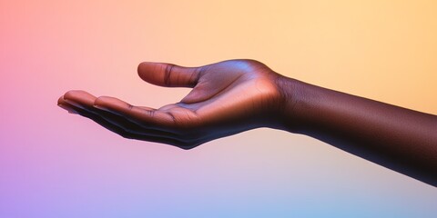 Colorful gradient background with dark skin hand open.