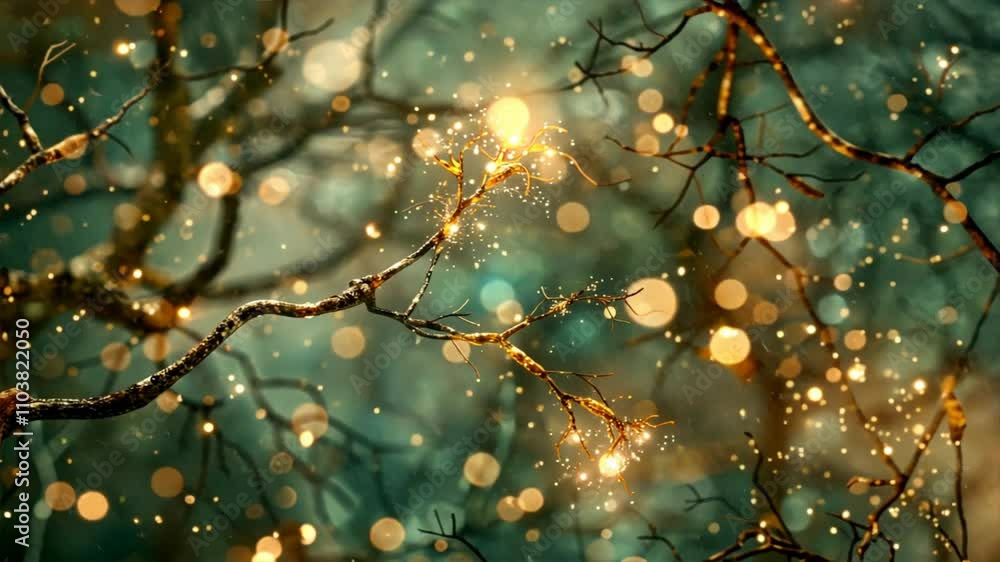 Poster magical glowing branches adorned with sparkling lights and bokeh effects create whimsical atmosphere
