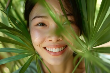 Naklejka premium young cute asian women smiling with green plant