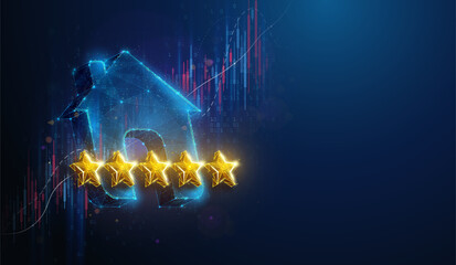 Abstract illustration of low poly 5 star hotel symbol over stock market graph. Geometric background depicting five star hotel, residence, real estate market growth financial concept by wireframe mesh