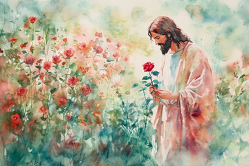 A peaceful watercolor of Jesus walking through a flower garden, holding a rose. The soft pastels of red, green, and pink create an atmosphere of gentle love and renewal.