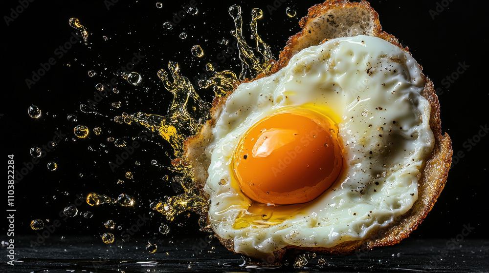Poster Fried egg with yolk and white splashing, creating dynamic scene