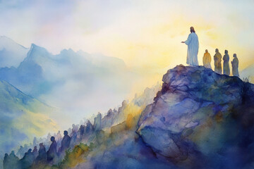Jesus on a mountain, delivering the Beatitudes to a crowd below. The watercolor uses soft pastel blues and yellows to evoke calmness, divine teachings, and hope.