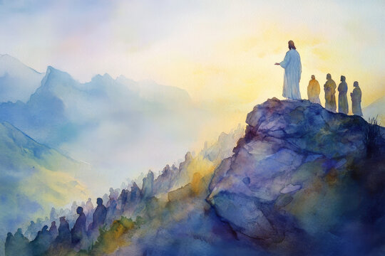 Jesus on a mountain, delivering the Beatitudes to a crowd below. The watercolor uses soft pastel blues and yellows to evoke calmness, divine teachings, and hope.