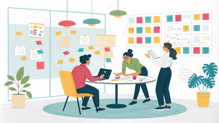 Team brainstorming in creative office space with colorful notes