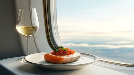 A glass of white wine and a plate of salmon with caviar sits on a table next to an airplane window, with clouds and a blue sky in the background.