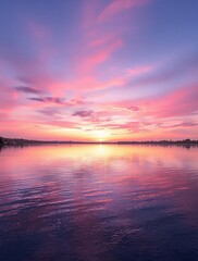 Fototapeta premium A peaceful panoramic sunset sky above the calm lake reflects the vibrant shades of pink and orange hues, lake scene, peaceful atmosphere, pastel colors, serene landscape, water reflections
