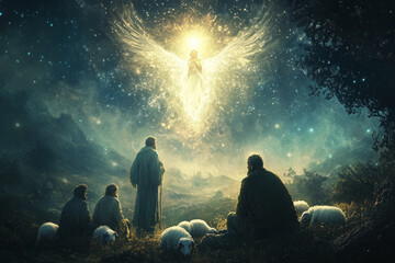 A digital painting of shepherds gazing in awe at a shining angel descending from the night sky, their sheep resting peacefully nearby, the whole scene bathed in a warm, celestial light