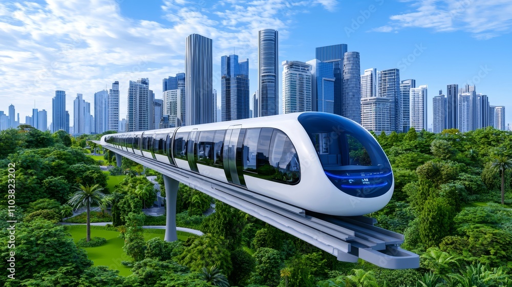 Poster a 3d rendering of a futuristic sci-fi monorail train set against a backdrop of a futuristic city, wi