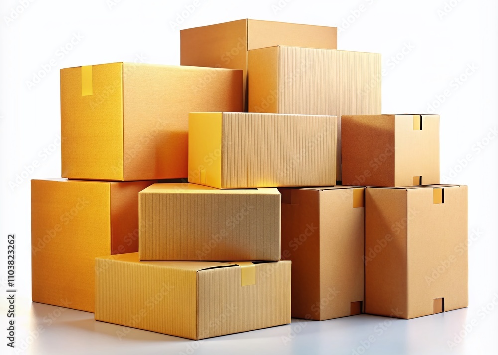 Poster stack of cardboard boxes isolated on a white background with ample copy space for text or branding, 