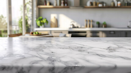 White marble texture table top with a blurred kitchen background.