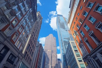 Fototapeta premium Daytime Sunlight on Busy Urban Street Contrasting Building Facades