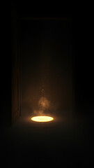 A ray of light falls through an open door in total darkness, illuminating a small patch of dust and dirt on the floor,  illumination,  void,  beam,  dust