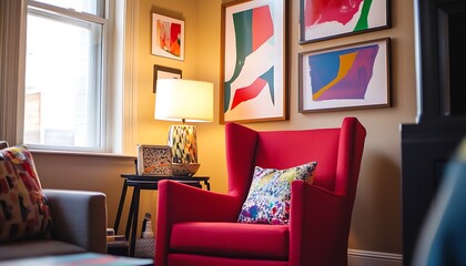 Red armchair in a living room with colorful abstract art
