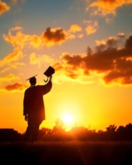 A graduate celebrates their achievement at sunset, holding a cap aloft in a joyful gesture.