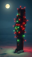 Fototapeta premium A bundle of red and green Christmas lights wrapped around a wooden post, twinkling lights, festive decoration, rustic decoration, outdoor decor, garden lights