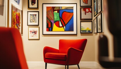Red Chair In A Gallery With Abstract Art