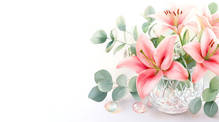 Obraz premium beautiful watercolor art of wedding centerpiece featuring pink lilies and eucalyptus leaves, creating serene and elegant atmosphere