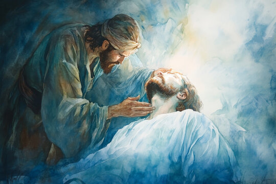 Jesus healing a man born blind, with soft light illuminating the moment. The watercolor uses rich blues and soft whites to evoke healing, faith, and divine intervention.