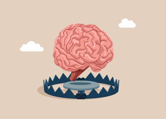 Human brain above metal steel bear trap. Anxiety, limiting thoughts. Burnout or no inspiration. Flat vector illustration. 