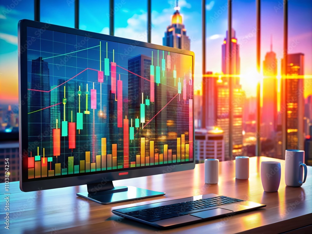 Poster stock market trading candlestick chart on cryptocurrency platform with close-up view of financial da