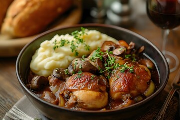 French coq au vin with chicken braised in red wine, mushrooms, and onions, served with a side of mashed potatoes and crusty bread. Food Photography, Menu Style Photo Image, close up