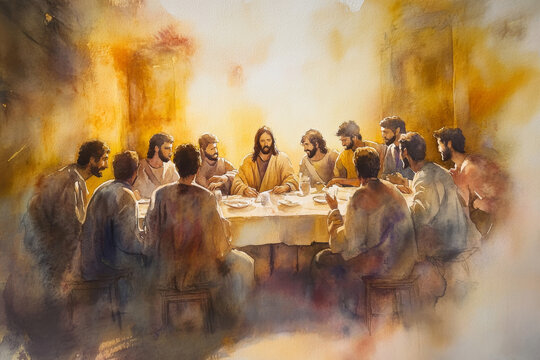 A tender watercolor painting of Jesus sharing the Last Supper with His disciples, each one listening intently as He speaks. The atmosphere is filled with a sense of holiness, with the soft glow of the