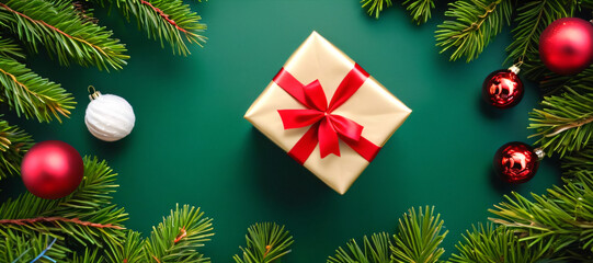 A beautifully wrapped gift sits on a green backdrop surrounded by pine branches and ornaments, evoking the spirit of Christmas perfectly.