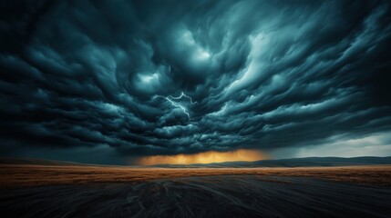 Dramatic stormy sky with dark clouds and lightning over a vast open field, showcasing intense weather and atmospheric elements.
