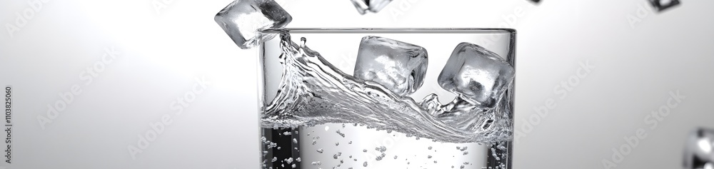 Poster a glass filled with sparkling water and ice cubes, creating a refreshing visual effect.