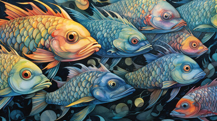 many fish with enlarged, expressive eyes, rendered in a stylized, almost surreal manner.  