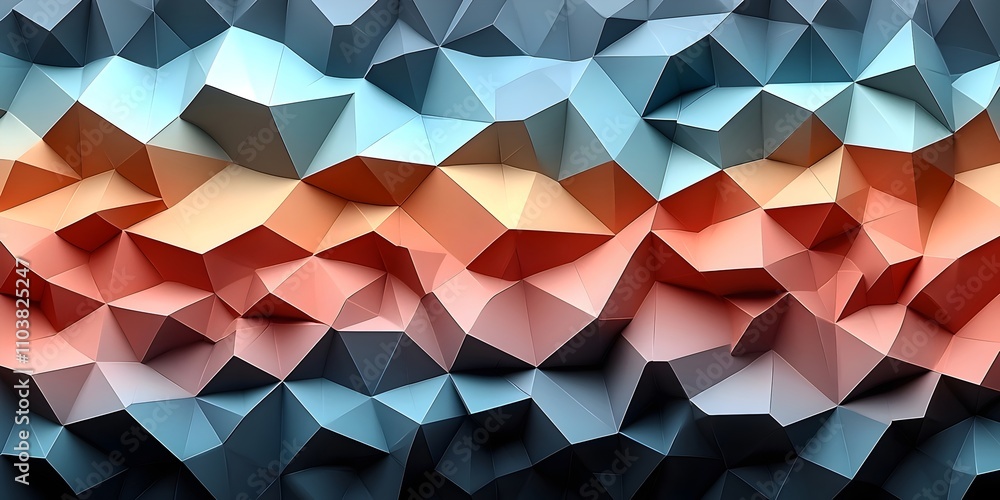 Poster a vibrant, abstract geometric design featuring layered triangular shapes in shades of blue, orange, 