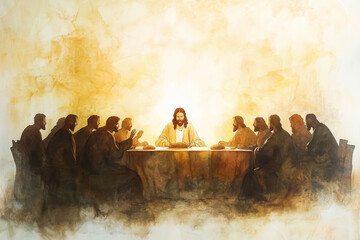 A glowing watercolor of Jesus seated at the Last Supper, breaking bread. The scene features muted browns, soft whites, and warm golden tones to emphasize the sacred moment.