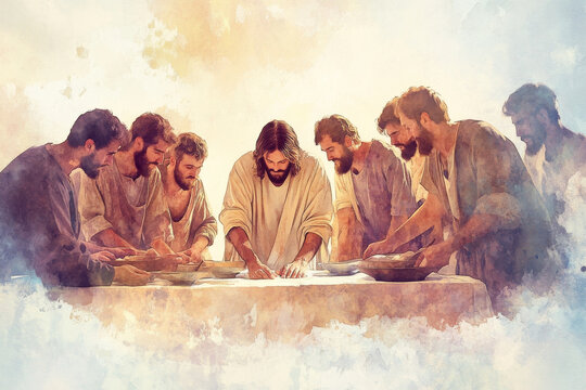 A beautiful digital watercolor illustration of Jesus kneeling to wash the feet of His disciples during the Last Supper. The soft colors and flowing brushwork emphasize the humility of the moment,