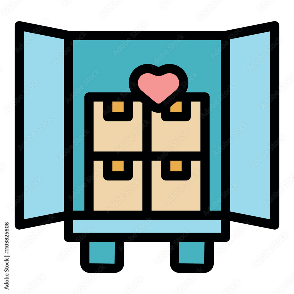 Poster open cargo container revealing stacked cardboard boxes with a heart, symbolizing affection and perso
