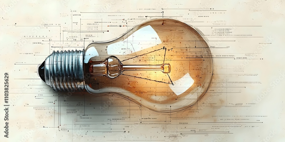 Poster a close-up of a glowing light bulb, showcasing its intricate filament and a backdrop of abstract tec