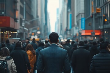 Obraz premium Determined Man Walking Through City Rush Hour Crowd